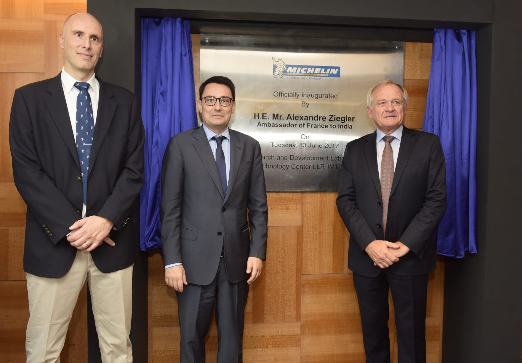 Serge Godefroid (Managing Director, Michelin India Technology Center), H.E. Mr Alexandre Ziegler (Ambassador of France to India) & Philippe Verneuil inaugurate Michelin R&D center